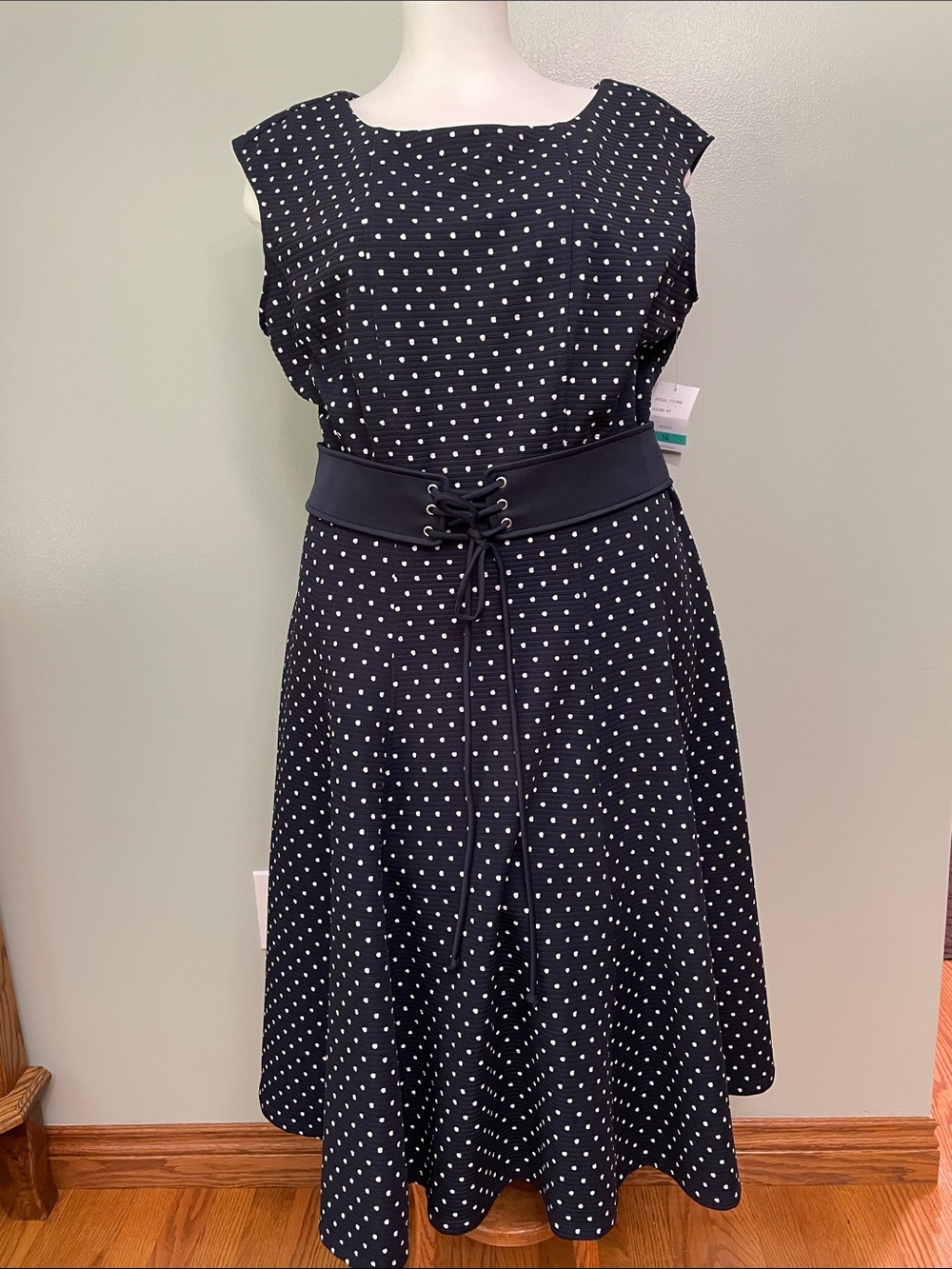 NWT. Danny & Nicole Navy Polka Dot Fit-and-Flare Dress. Size 16.